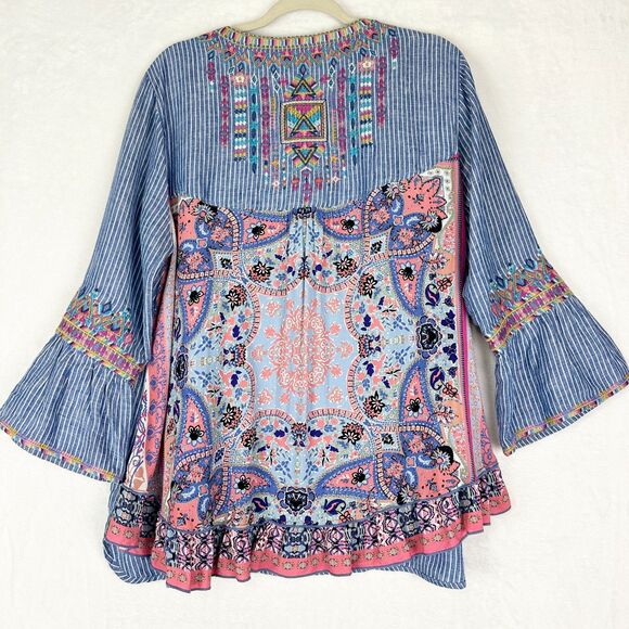 John Mark Linen Embroidered Top Size Large Boho Stripe Split V-Neck - Picture 2 of 7